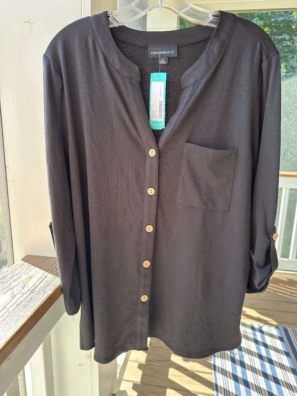 Stitch Fix Black Eleyna Split Neck Knit Button Down Top Blouse By Fortune+Ivy XL